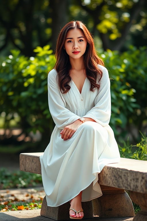portrait of a young woman in a flowing white outfit sitting on a stone bench with greenery in the background, soft natural lighting, aperture f/2.8, shutter speed 1/200s, ISO 100, 85mm focal length, captured with a DSLR camera in a shallow depth of field style