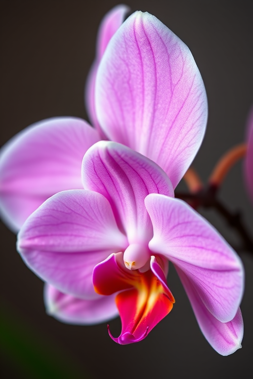 Generate a high-resolution image of a pink orchid with intricate details, using a macro lens at f/2.8, ISO 100, and a shutter speed of 1/200s, in a studio lighting setup with a soft focus background.
