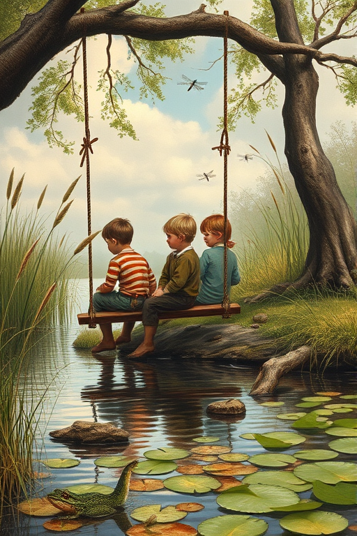 Imagine a small group of old fashioned young boys out fishing by the creek, a swing hanging from a tree branch, reeds and grasses by the water's edge, a frog sitting on a lily pad, dragonflies hovering over som water plans, a very iconic old fashioned scene reminiscent of a Norman Rockwell painting style