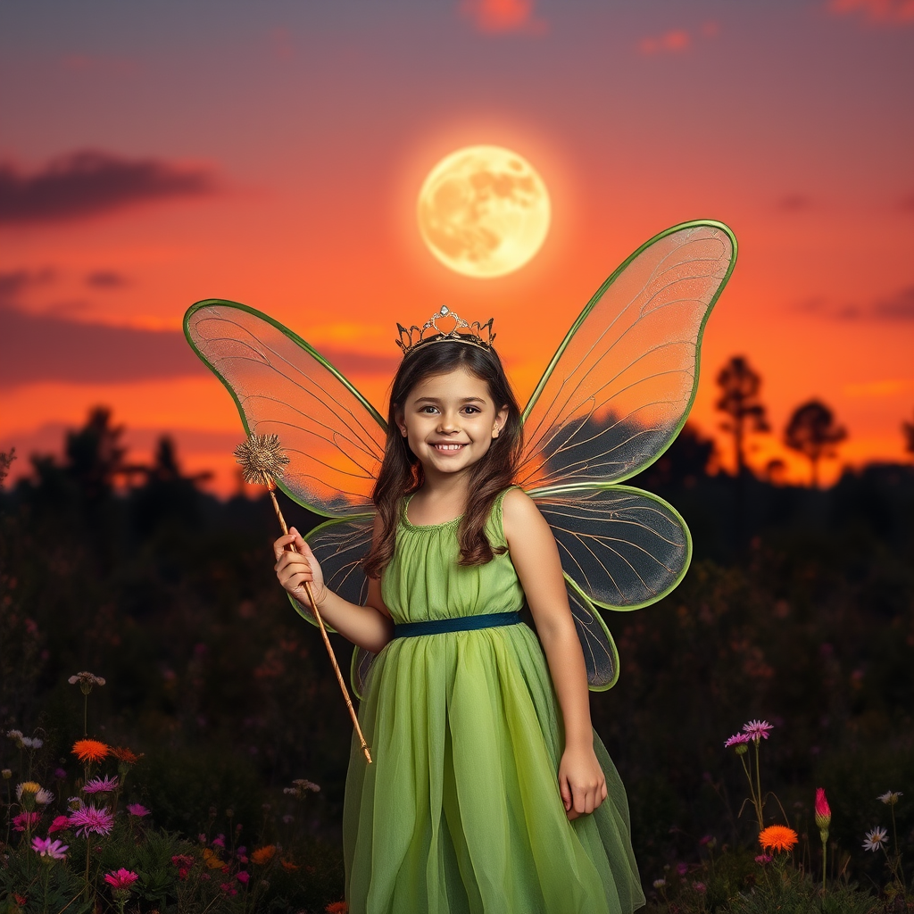 A vivid photo  taken under a bright camera flash of a fantastical scene set against a backdrop of a forest during sunset. The main subject is a girl dressed as a fairy, adorned with translucent wings and a green dress, holding a wand, her face is happy, and she wears a crown on her head. The forest behind her is a blend of flowers, shrubs and trees. The sky is painted in hues of orange and pink, with a large, glowing moon casting a warm glow over the scene. The overall color palette is dominated by earthy tones.