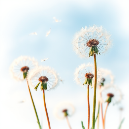 Watercolor illustration of dandelions blowing in the wind against a soft blue sky, focus on the delicate details of the flowers and the gentle movement of seeds, shot with a Canon EOS R5, aperture f/2.8, shutter speed 1/100s, ISO 100, using a shallow depth of field to enhance foreground clarity while softly blurring the background.