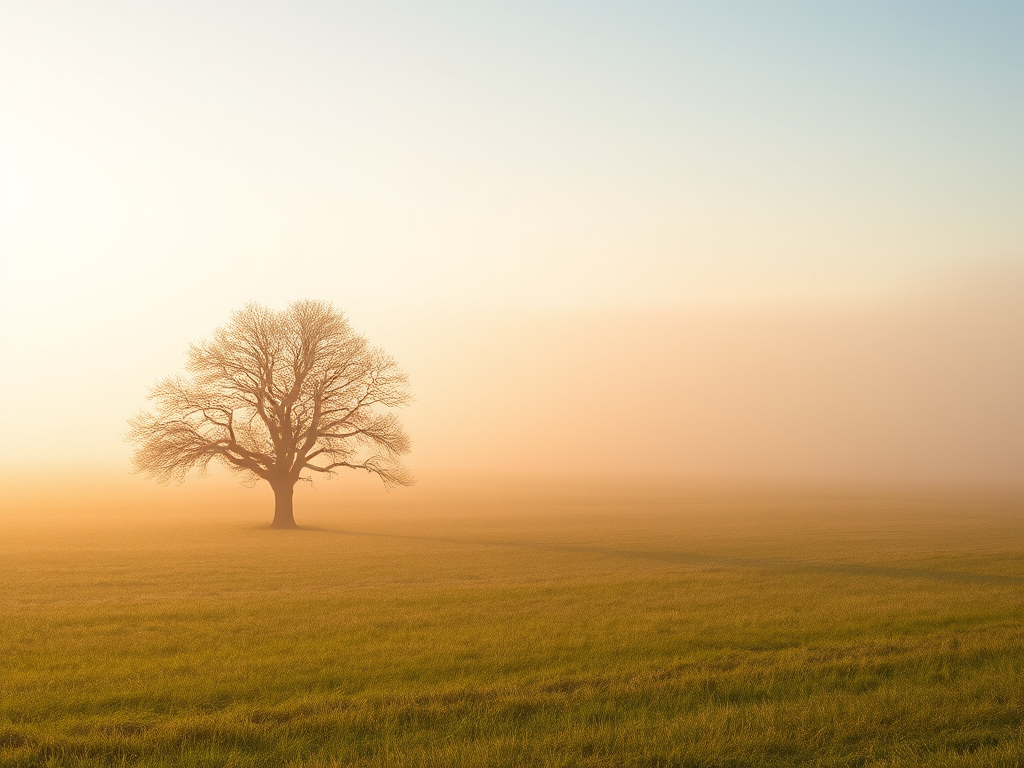 a solitary tree in a misty field during early morning light, wide shot, ISO 100, f/8, 1/250s, DSLR, natural lighting