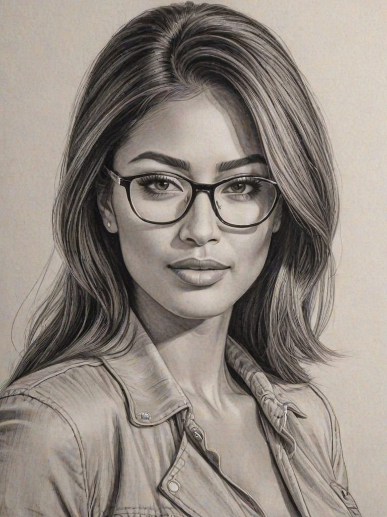 Resplendent Nicole Scherzinger, pencil sketch, portrait of Pleasing woman 1934s in glasses, hair style beatnik, outline, clear lines, fine lines, 8k