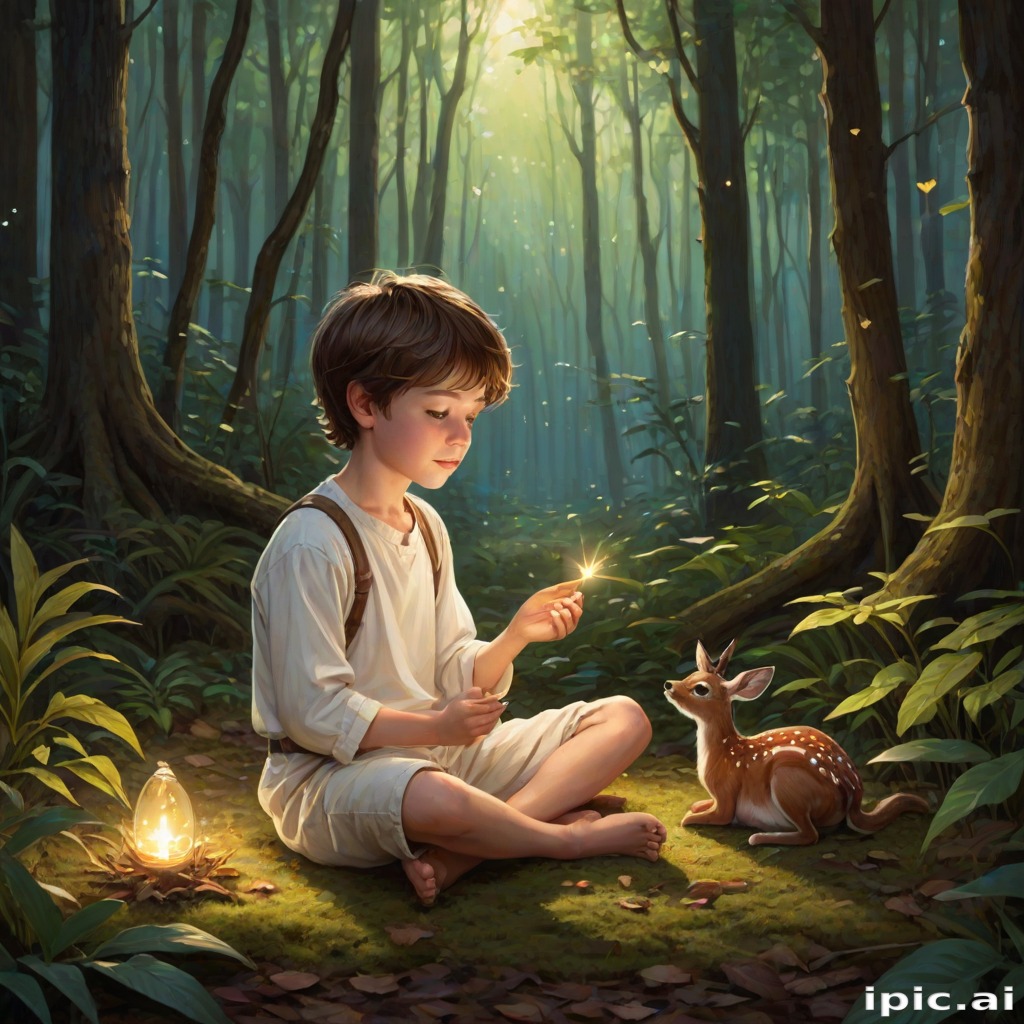 A luminous digital painting of a serene forest scene featuring a barefoot young boy, about 7 years old, with brown hair and fair skin, dressed in a simple white outfit. He sits cross-legged on the forest floor, gazing at a small, glowing, magical firefly in his hand. Beside him, a delicate spotted deer lies calmly on a bed of dried leaves, observing the scene. The dense forest is bathed in warm, golden light filtering through the trees, creating a peaceful, magical atmosphere with a blend of natural and mystical elements.
