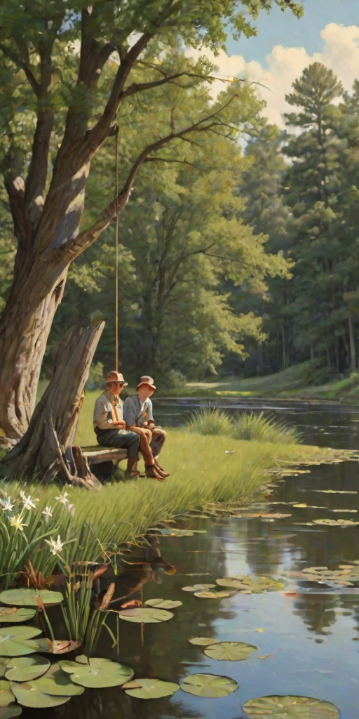 Imagine a small group of old fashioned young boys out fishing by the creek, a swing hanging from a tree branch, reeds and grasses by the water's edge, a frog sitting on a lily pad, dragonflies hovering over som water plans, a very iconic old fashioned scene reminiscent of a Norman Rockwell painting style