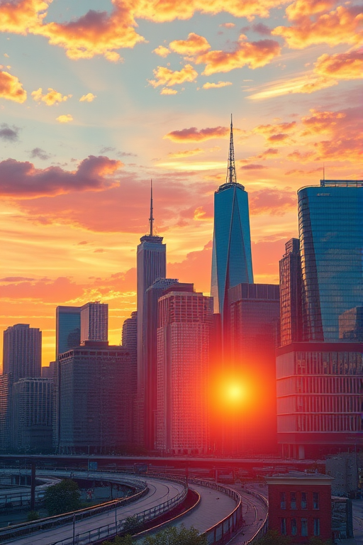 create a detailed illustration of a modern city skyline at sunset with vibrant colors, low angle view, f/8 aperture, ISO 100, 24mm lens, shot on a full-frame DSLR camera for maximum clarity and depth of field