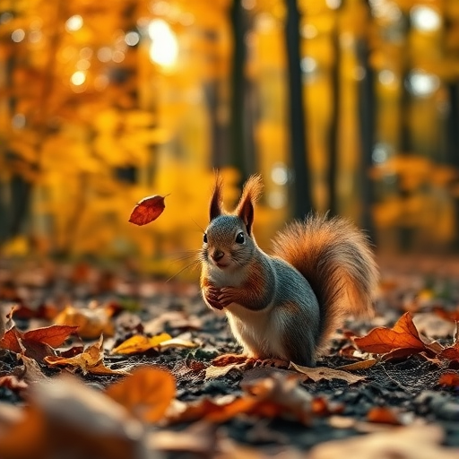 squirrel in autumn forest with vibrant orange and yellow leaves, soft sunlight filtering through trees, 50mm lens, f/1.8 aperture, ISO 200, shot at sunrise for warm lighting, DSLR camera with a shallow depth of field, ground level perspective for a close-up view