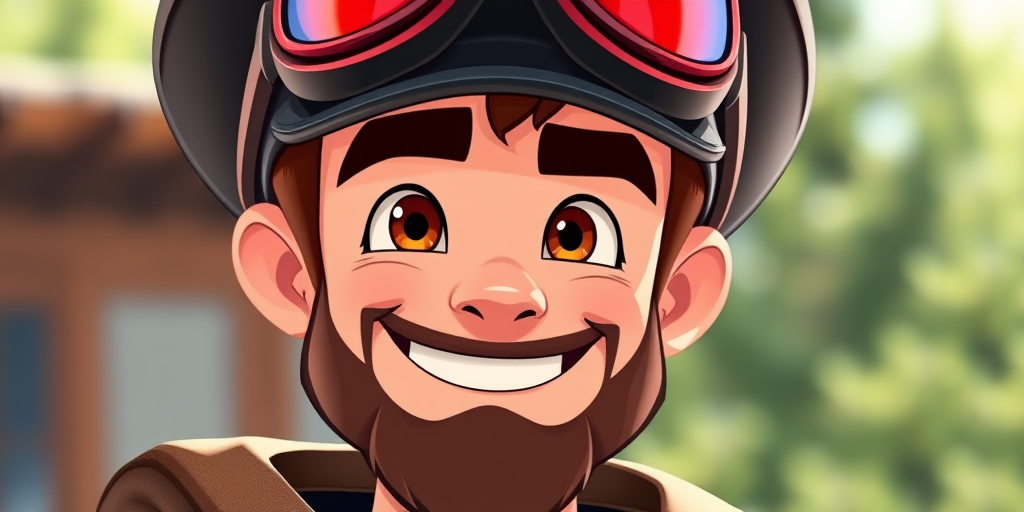 Create a high-resolution cartoon image of a smiling male character with a brown beard, wearing a black hat with red goggles, using a 50mm f/1.8 lens, shot from a frontal view, in bright natural lighting, with a digital camera.