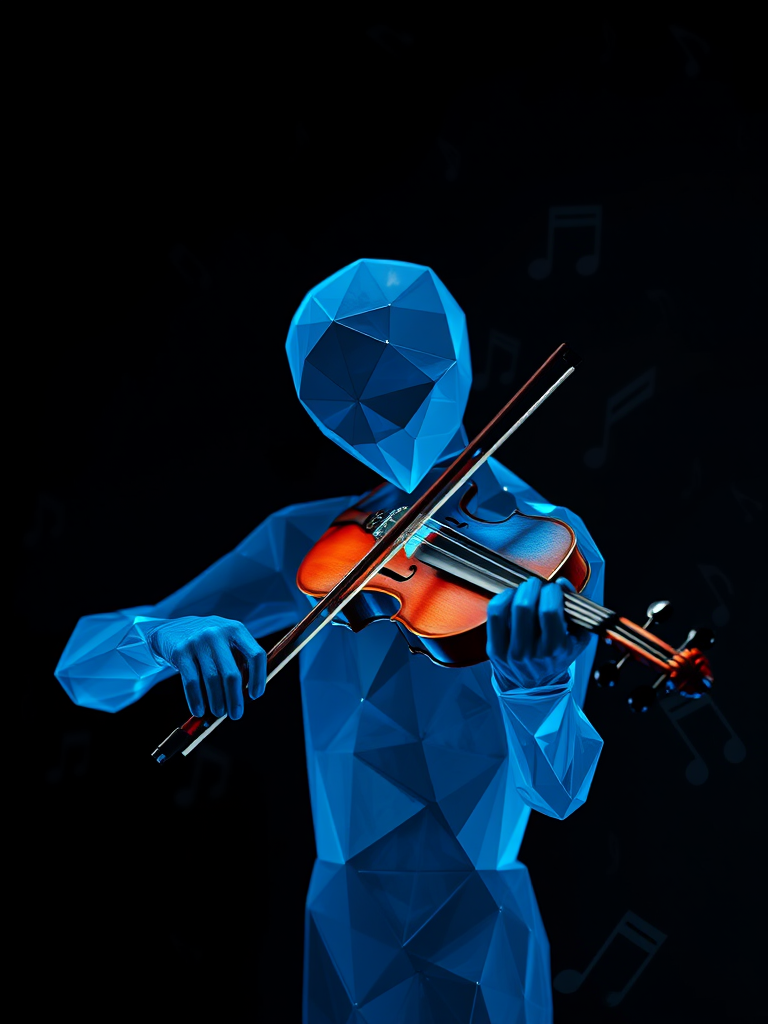Generate a highly detailed image of a humanoid figure made of blue geometric shapes playing a violin against a dark background with abstract musical notes, use a Canon EOS R5 with a 50mm f/1.2 lens, aperture at f/2.8, shutter speed 1/200s, ISO 100, in a dramatic low light setting to enhance texture and depth.