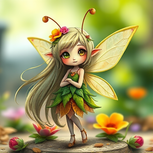 Create a highly detailed and colorful illustration of a whimsical character resembling a fairy with long hair and antennae, dressed in a vibrant outfit made of leaves and flowers, standing in a playful pose, captured with a DSLR camera at f/1.8 aperture, ISO 100, 50mm lens, natural soft lighting for enhanced texture and depth.