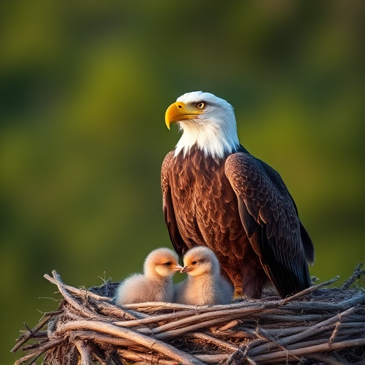 photograph of a bald eagle standing protectively in its nest with two chicks, softly blurred green background, golden hour lighting, camera settings: aperture f/4, shutter speed 1/500s, ISO 200, 85mm lens, DSLR camera, focus on eagle and chicks, shallow depth of field for a dreamy effect