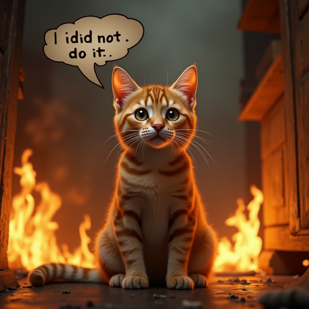 Photorealistic image of an innocent-looking cat sitting calmly in the middle of a burning room. Flames engulf the room, with fire licking up the walls and smoke filling the air. The cat is sitting on the floor, looking directly at the viewer with wide, innocent eyes. Above the cat, a speech bubble says "I did not do it" The contrast between the cat's calm demeanor and the chaos around it creates a humorous and surreal scene.
