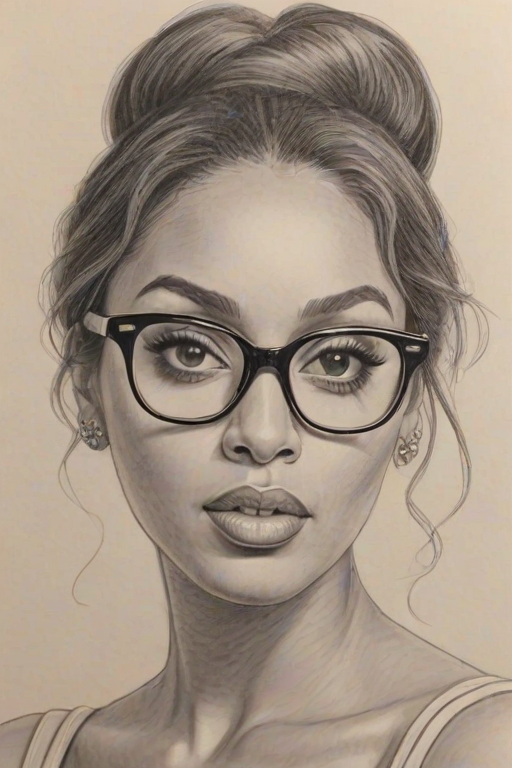 Comely La La Anthony, pencil sketch, portrait of Exquisite woman 1958s in glasses, hair style beatnik, outline, clear lines, fine lines, 8k