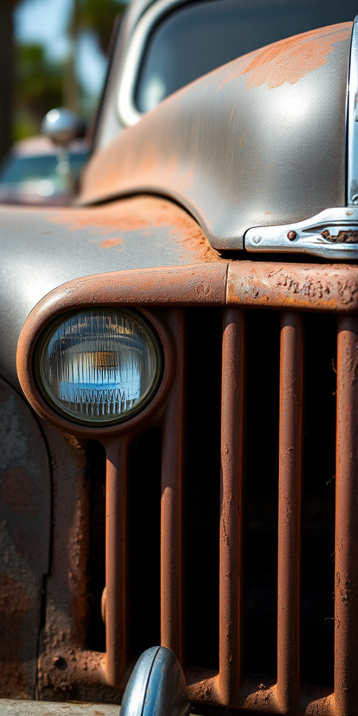 Close-up shot of a vintage rusty car grille with worn headlights, natural lighting, aperture f/2.8, ISO 100, shutter speed 1/200 sec, taken with a DSLR camera, shallow depth of field for a blurred background.