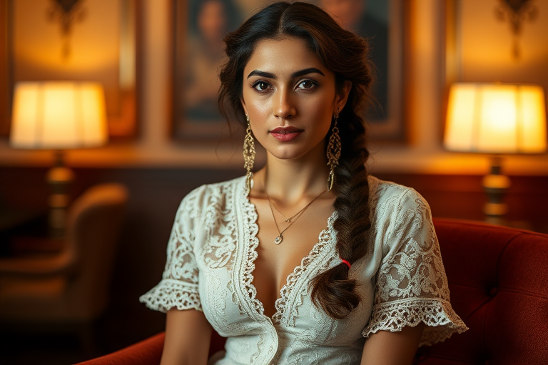 Create a portrait of a refined and elegant Kurdish woman seated in a sophisticated setting. She has long, wavy hair styled in two thick braids that are pulled over her shoulders. She wears a white, lace gown with intricate patterns, featuring a deep V-neckline and short sleeves. The dress exudes a vintage charm with its delicate lacework. She is adorned with ornate, dangling earrings that add a touch of glamour to her appearance. The background is softly lit, with warm, ambient lighting that creates a cozy and inviting atmosphere. Her expression is poised and serene, capturing a sense of grace and elegance.