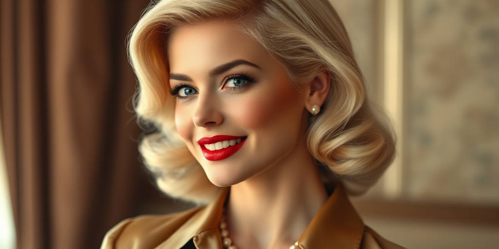 A beautiful woman reminiscent of 1950s Hollywood glamour, with perfectly styled blonde hair and a seductive smile, dressed in a satin blouse and adorned with pearls, soft and warm tones, photorealistic, 8K