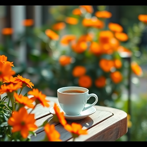 A serene outdoor scene featuring a steaming cup of coffee on a wooden table surrounded by vibrant orange flowers and lush greenery, captured in soft natural light with a Canon EOS R5, 50mm lens, f/1.8 aperture, ISO 100, and a shallow depth of field to enhance the bokeh effect.