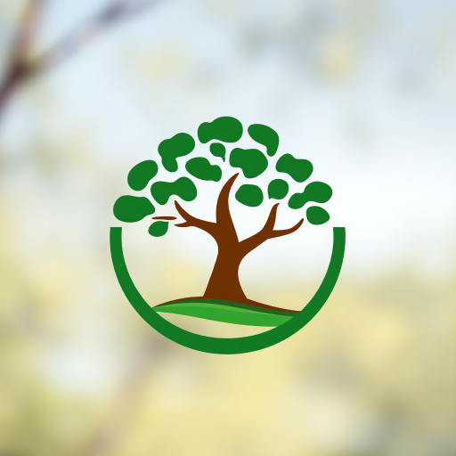 Generate a clean and minimalistic logo design featuring a stylized tree in green and brown colors, shot with a DSLR camera at f/2.8 aperture, ISO 100, 50mm lens, in a clear, natural light setting, with a slight bokeh effect to enhance depth.