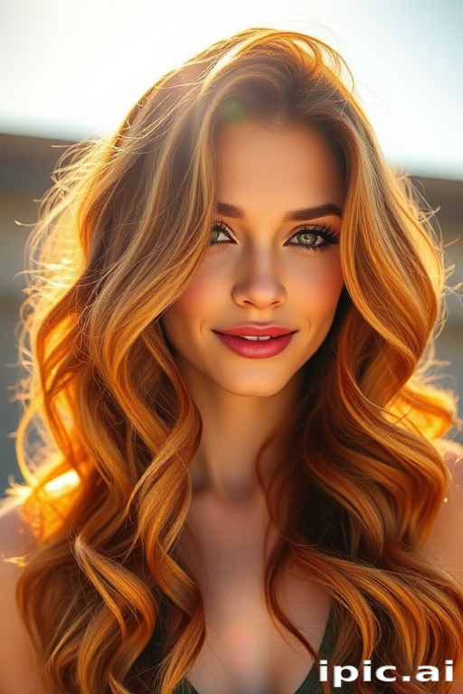 Radiant sunlight illuminates a woman with Sunset Ombre tresses, cascading waves transitioning from deep auburn roots to brilliant golden tips, styled in loose beachy curls framing her face