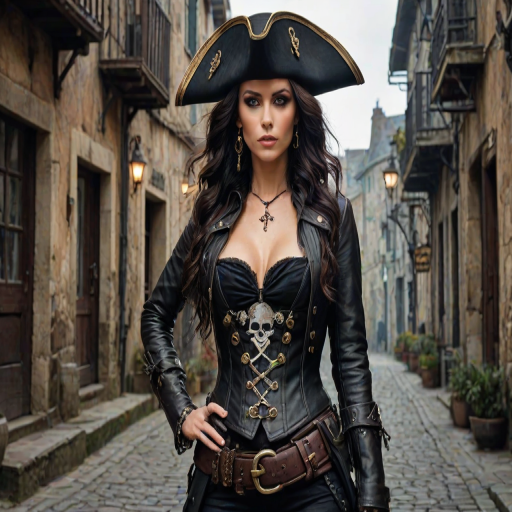 Create a portrait of a fierce female pirate. She wears a leather tricorn hat adorned with a skull and crossbones emblem, and her long, dark hair flows around her face. Her outfit consists of a richly detailed leather jacket, a corset, and multiple layers of belts and accessories, giving her a formidable and stylish appearance. She stands confidently in a dimly lit, historic port town, with a backdrop of weathered buildings and cobblestone streets, capturing the adventurous spirit of a pirate.