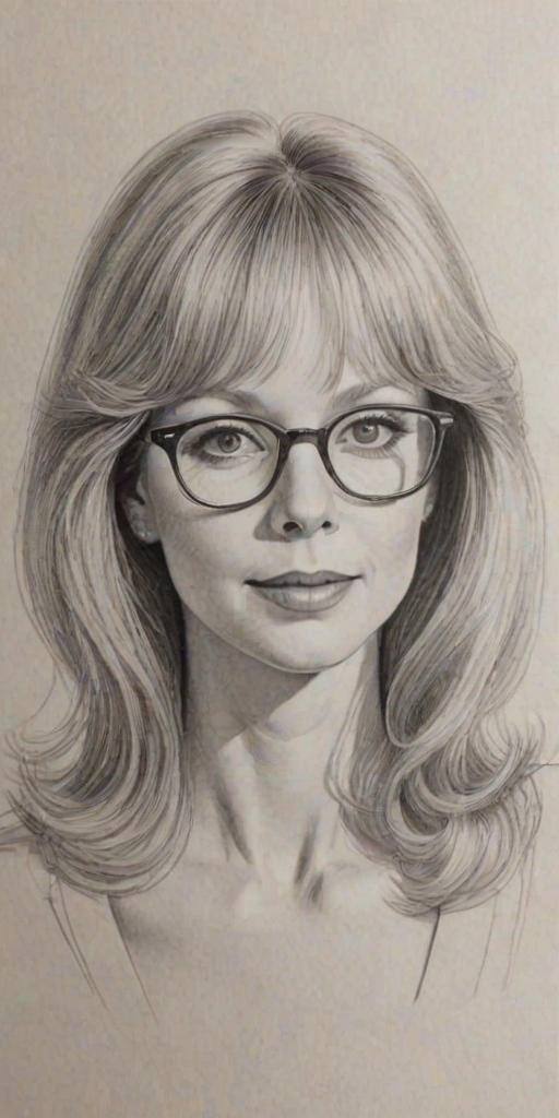 Sublime Shelley Long, pencil sketch, portrait of Superb woman 1979s in glasses, hair style beatnik, outline, clear lines, fine lines, 8k