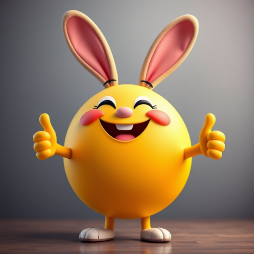 Create a cheerful cartoon character with a large round yellow body and cute bunny ears, smiling widely with thumbs up, in high resolution 4K, using a DSLR camera at f/2.8 aperture, ISO 100, 50mm lens, softbox lighting for even illumination, and a blurred gradient background for depth.