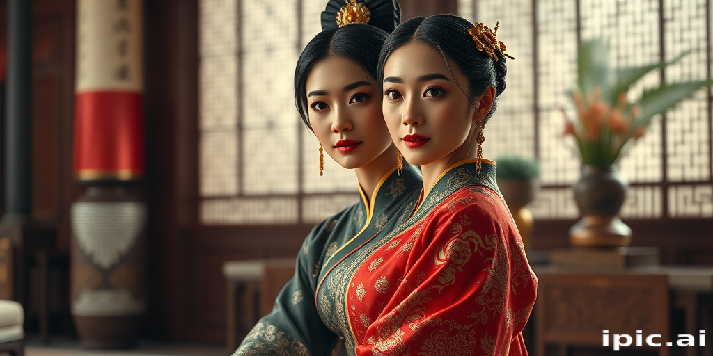 A beautiful woman in traditional East Asian attire, intricately detailed with embroidered patterns, sitting gracefully in a richly decorated room, soft ambient lighting, serene and elegant, ultra-realistic, 8K resolution