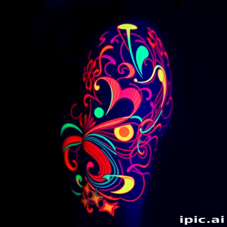 Luminous UV ink tattoo called "Neon Nights" that comes to life under blacklight. Invisible in normal lighting, the design reveals a vibrant, glowing pattern when exposed to UV light. Abstract shapes and swirling lines create a psychedelic effect, transforming the wearer's skin into a canvas of electric color.