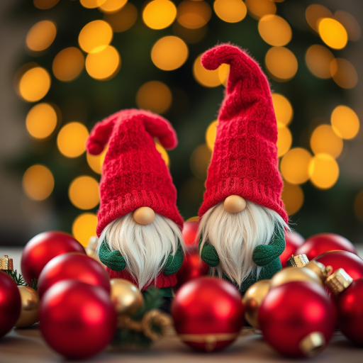 Create a cozy Christmas scene featuring two gnome figurines wearing festive hats, surrounded by red and gold ornaments, with a blurred warm bokeh background of twinkling fairy lights, using a DSLR camera, 50mm lens, f/1.8 aperture, ISO 200, shutter speed 1/100s, and soft natural lighting.