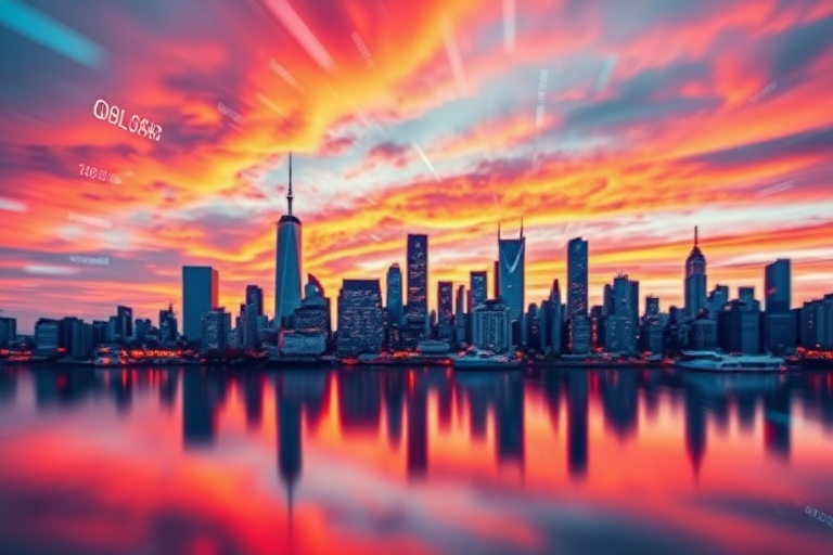Generate an abstract skyline with vibrant colors and cascading numbers in the background, taken with a Canon EOS R5, 50mm lens, f/1.8 aperture, ISO 100, in HDR style.