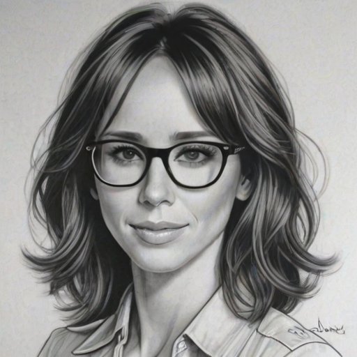 Comely Jennifer Love Hewitt, pencil sketch, portrait of Attractive woman 1977s in glasses, hair style beatnik, outline, clear lines, fine lines, 8k