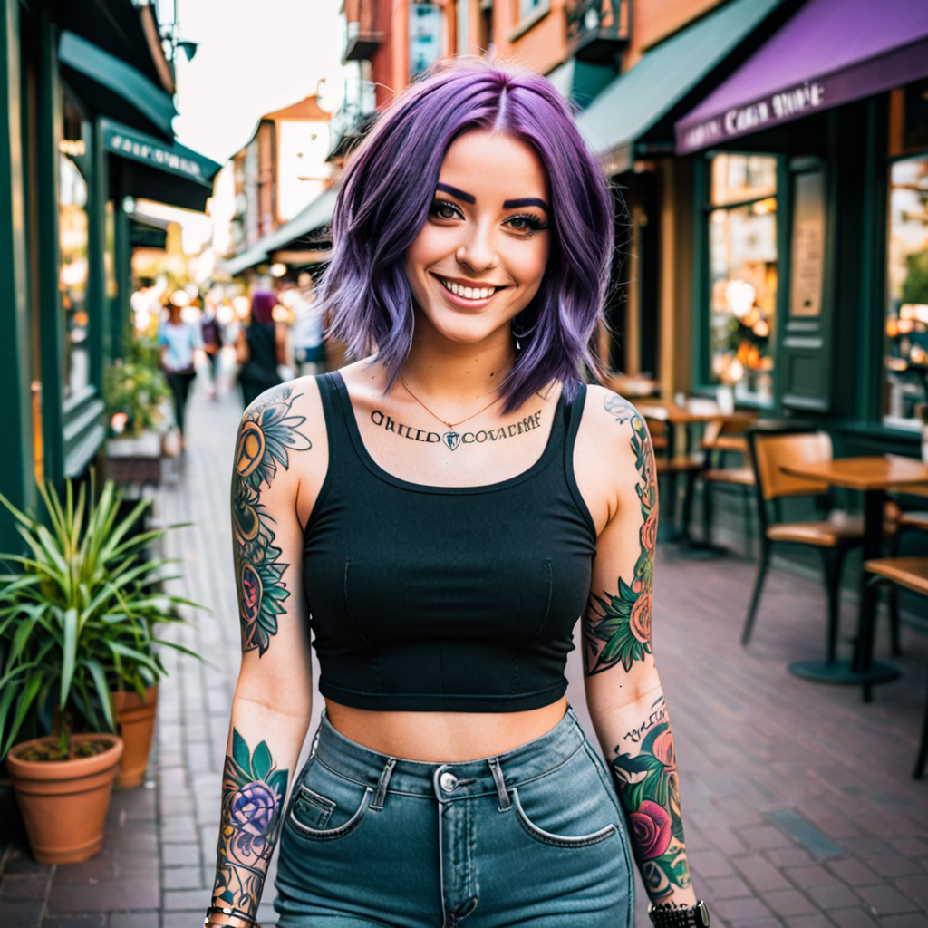 Ai Image Generator - Ai Art Generator - High Quality and 100% Unique Images  - iPic.Ai edgy urban emo girl, ((shoulder length purple hair)), dark green  eyes, smile, tasteful tattoos, shiny eyes, ((