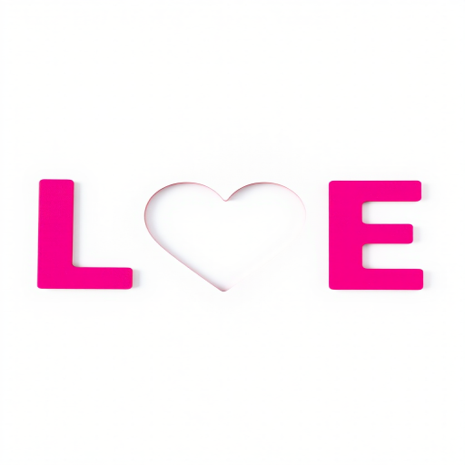 Create an image of the word LOVE with a heart shape cut out in the middle, using vibrant pink color for the letters and a clean white background, shot with a Canon EOS R5, 50mm lens, f/1.8 aperture, ISO 100, and natural lighting for enhanced clarity and contrast.