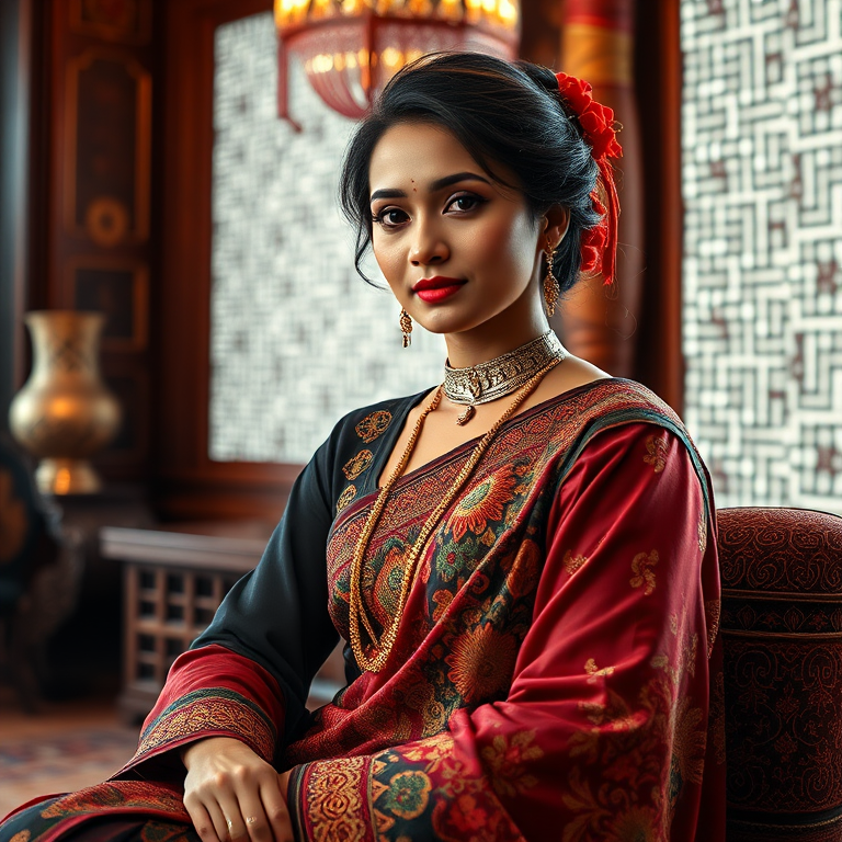 A beautiful Bangladeshi woman in traditional East Asian attire, intricately detailed with embroidered patterns, sitting gracefully in a richly decorated room, soft ambient lighting, serene and elegant, ultra-realistic, 8K resolution