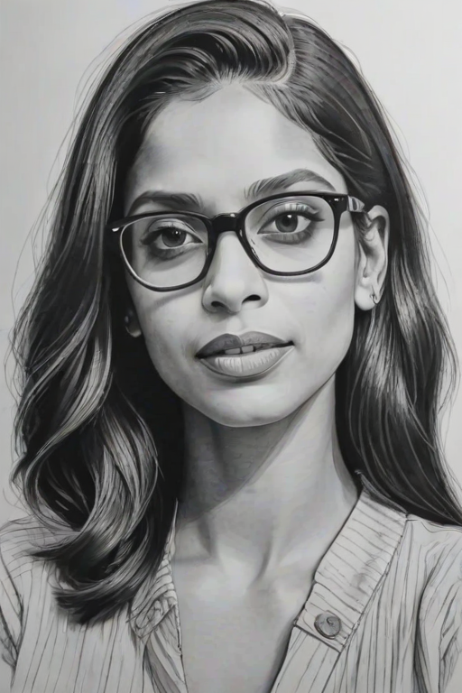 Magnificent Lilly Singh, pencil sketch, portrait of Attractive woman 1975s in glasses, hair style beatnik, outline, clear lines, fine lines, 8k