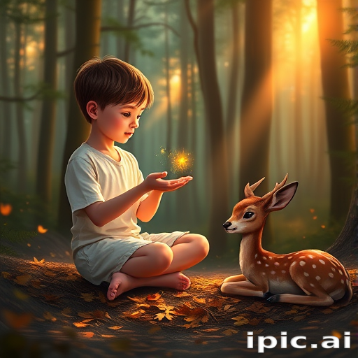 A luminous digital painting of a serene forest scene featuring a barefoot young boy, about 7 years old, with brown hair and fair skin, dressed in a simple white outfit. He sits cross-legged on the forest floor, gazing at a small, glowing, magical firefly in his hand. Beside him, a delicate spotted deer lies calmly on a bed of dried leaves, observing the scene. The dense forest is bathed in warm, golden light filtering through the trees, creating a peaceful, magical atmosphere with a blend of natural and mystical elements.
