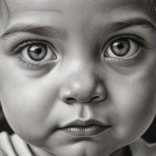 A hyperdetailed photorealistic black and white sketch of a beautiful toddler with deep white eyes, with a macro focus