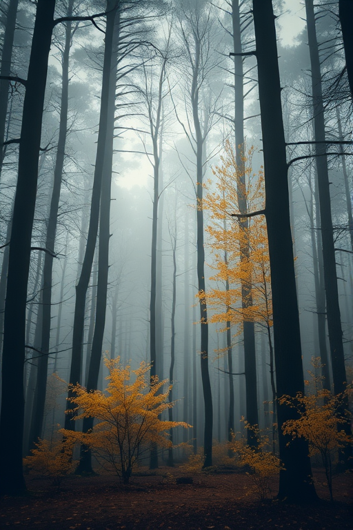 a misty forest with tall trees, soft golden leaves, and a mysterious atmosphere, taken with a Canon EOS 5D Mark IV, 50mm lens, aperture f/2.8, ISO 400, shutter speed 1/60s, with a slight vignette effect and soft focus for depth.