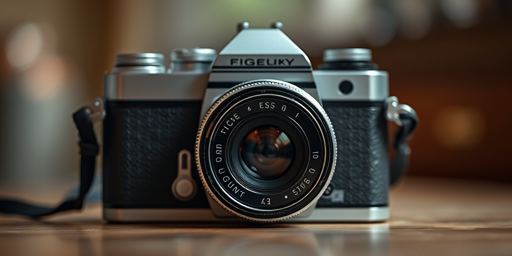 Regenerate the image of a vintage camera with a shallow depth of field, focus on the camera body, using a 50mm lens, aperture f/1.8, ISO 200, natural light, and a soft bokeh background, shot from a slightly elevated angle to emphasize details.