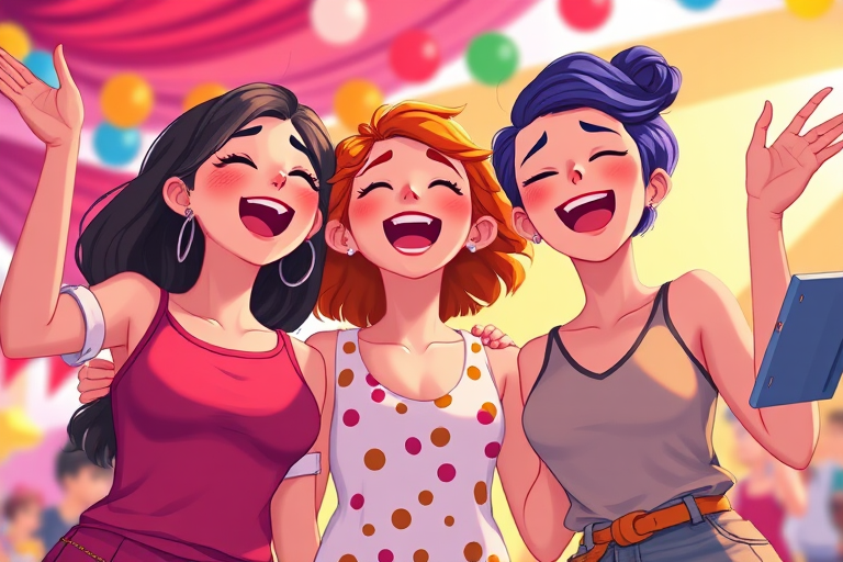 Create a vibrant digital illustration of three animated women joyfully singing and celebrating together in a bright, colorful environment, using a wide-angle lens at f/5.6, ISO 100, with soft natural lighting to enhance the mood and detail in the characters' expressions.