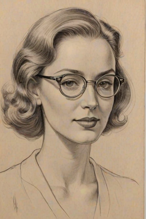 Wonderful Brooke L. Thomas, pencil sketch, portrait of Radiant woman 1937s in glasses, hair style beatnik, outline, clear lines, fine lines, 8k
