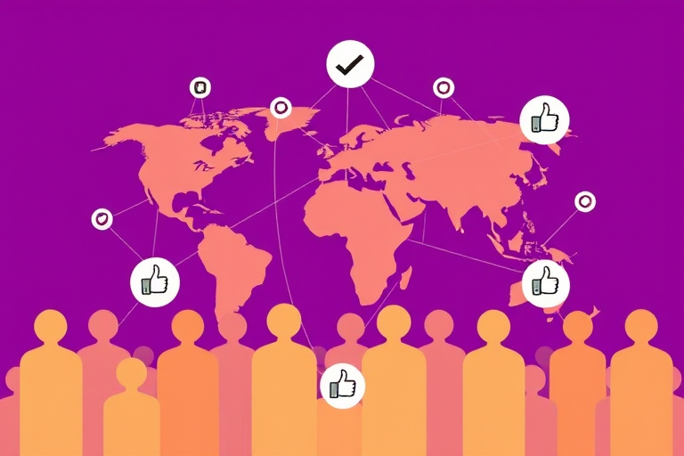 Create a high-quality vector illustration of a global network with abstract figures representing people and connections, using a vibrant purple background, incorporating check marks and thumbs up icons to signify approval, captured with a Canon EOS R5 at f/8, ISO 100, 50mm lens for sharpness and clarity, in a flat design style.