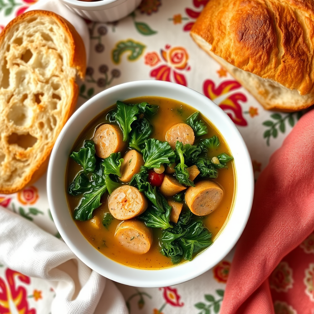 Create an image of a hearty kale and sausage soup served in a white bowl. Include fresh, vibrant pieces of kale, chunks of sausage, and a creamy broth. Display a piece of crusty bread next to the bowl for an inviting touch, with a decorative tablecloth in the background to enhance the presentation.