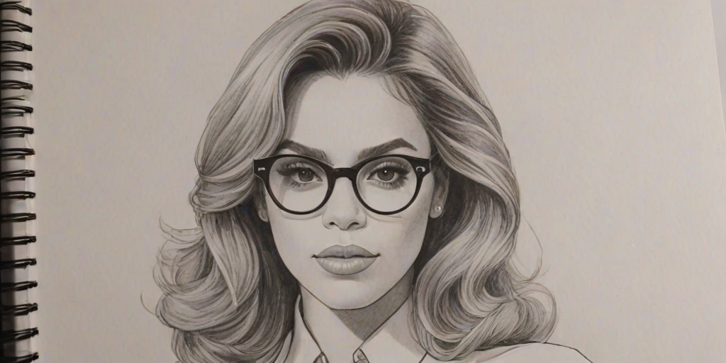 Bewitching Dinah Jane, pencil sketch, portrait of Bewitching woman 1977s in glasses, hair style beatnik, outline, clear lines, fine lines, 8k