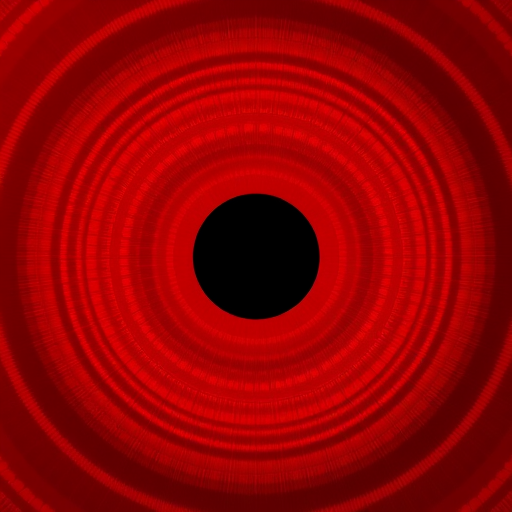 Create a vibrant concentric circle pattern with a deep red gradient background, central black circle, high-resolution, aperture f/2.8, ISO 100, 24mm lens, top-down view, digital camera.
