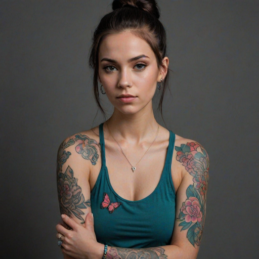 A portrait of a young woman with long dark hair tied up in a bun, with pink streaks, and intricate shaved designs. She is wearing a teal tank top and has a large butterfly tattoo across her chest and multiple colorful floral tattoos on her arms. The woman is looking off to the side, slightly tilted, her right arm is crossed over her chest, and her left hand is resting on her upper arm. The lighting is soft and warm, highlighting the details of the tattoos. The background is a simple, dark gray, providing a neutral backdrop for the subject. The photo has a natural, relaxed feel and a slightly artistic, moody atmosphere.  She is wearing several silver rings and bracelets on her arms, and a pair of long silver dangle earrings with red accents.  Her face is slightly shadowed, giving a soft and alluring feel.  The composition is centered on the woman, who is positioned against a dark background, the emphasis is on her tattoos and the subtle expression on her face.