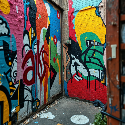 abstract urban art with vibrant colors and layered textures, using a Canon EOS R5 camera, aperture f/8, shutter speed 1/200s, ISO 100, wide-angle lens, high dynamic range photography, shot from a slight aerial view to accentuate depth and detail