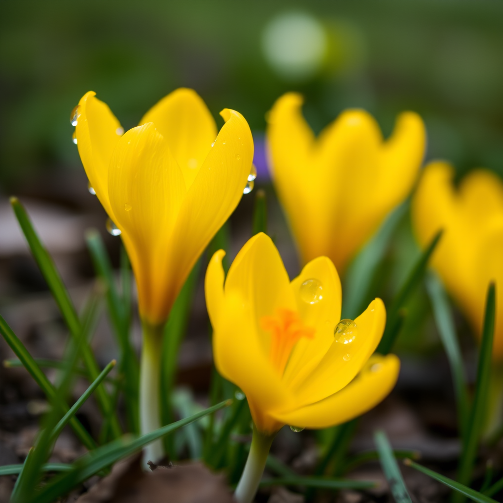 Close-up shot of vibrant yellow crocus flowers with dewdrops, taken with a DSLR camera using a 50mm f/1.8 lens, aperture set to f/2.8, ISO 200, 1/250 sec shutter speed, natural light, shallow depth of field for a soft background blur.