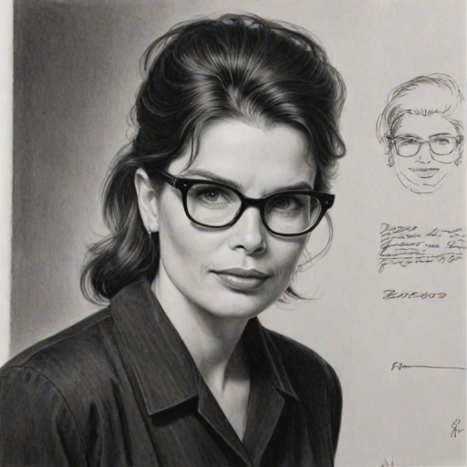 Ravishing Julia Ormond, pencil sketch, portrait of Captivating woman 1959s in glasses, hair style beatnik, outline, clear lines, fine lines, 8k