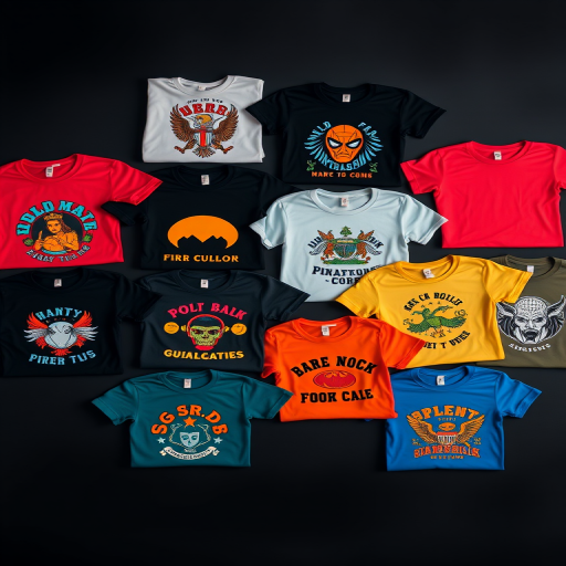 Create an image featuring a grid of various t-shirt designs with a vibrant color palette on a solid dark background, using a DSLR camera set to f/4 aperture, 1/125 shutter speed, ISO 100 for clarity, macro lens for fine details, and top-down view for symmetry.